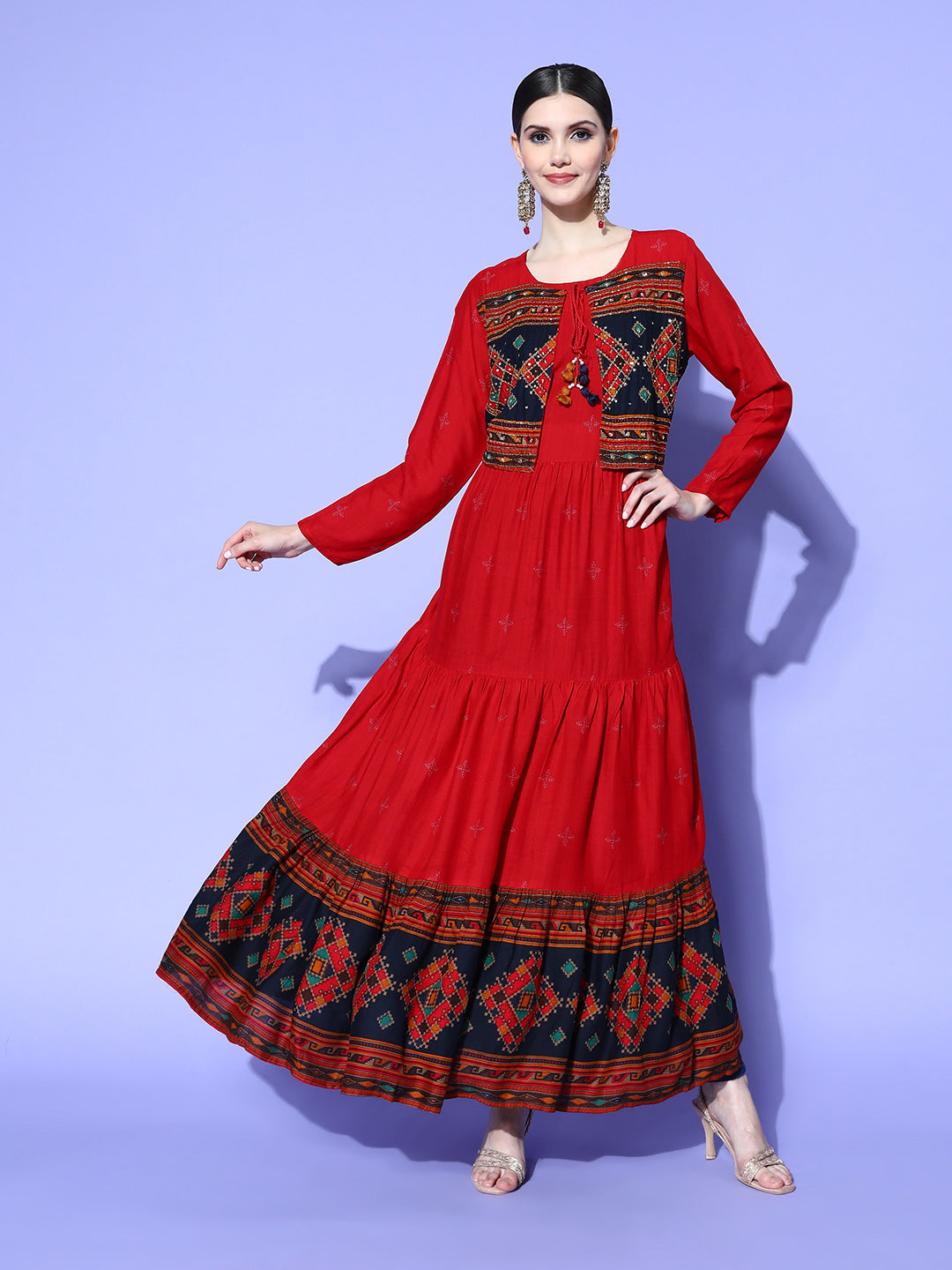 Rang Gali Handblock Red Zardozi Work Kurta With Jacket