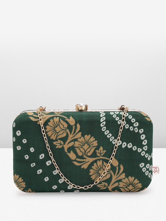 Rang Gali Bottle Green Bandhej Printed Box Clutch