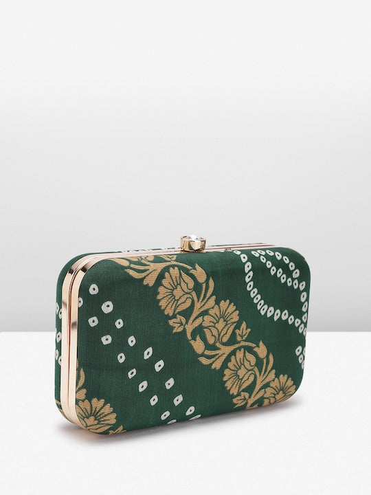 Rang Gali Bottle Green Bandhej Printed Box Clutch