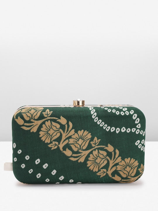 Rang Gali Bottle Green Bandhej Printed Box Clutch