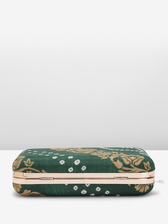 Rang Gali Bottle Green Bandhej Printed Box Clutch