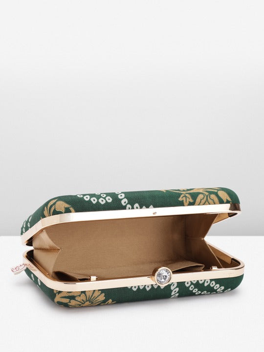 Rang Gali Bottle Green Bandhej Printed Box Clutch