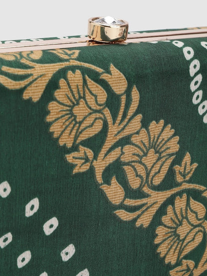 Rang Gali Bottle Green Bandhej Printed Box Clutch