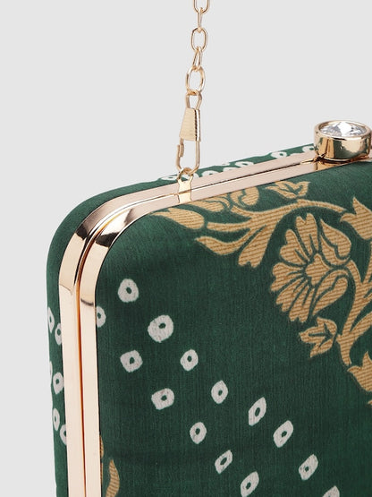 Rang Gali Bottle Green Bandhej Printed Box Clutch