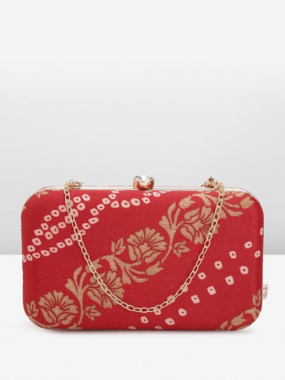 Rang Gali Red Bandhej Printed Box Clutch