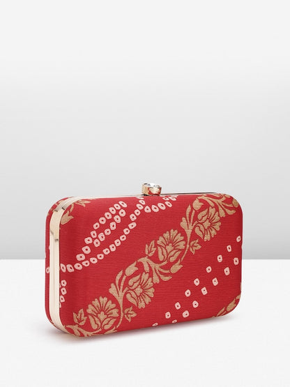 Rang Gali Red Bandhej Printed Box Clutch