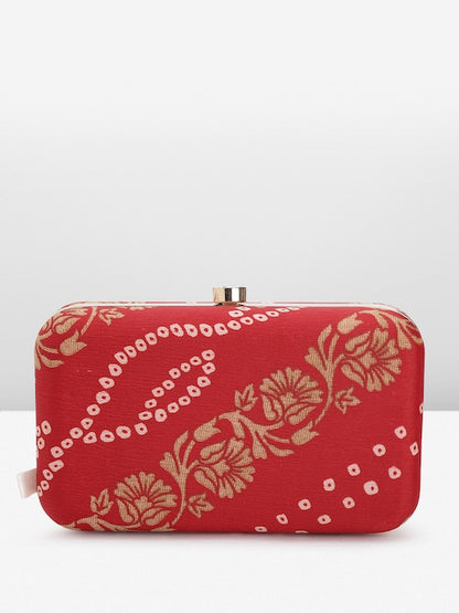 Rang Gali Red Bandhej Printed Box Clutch