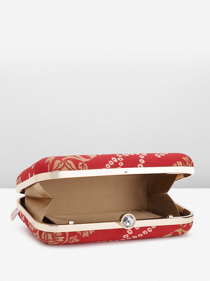 Rang Gali Red Bandhej Printed Box Clutch