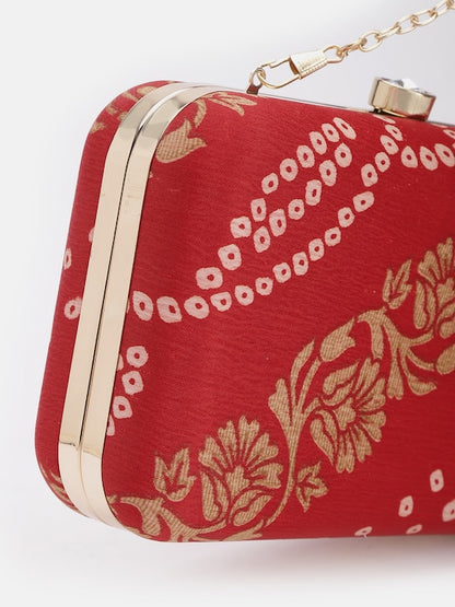 Rang Gali Red Bandhej Printed Box Clutch