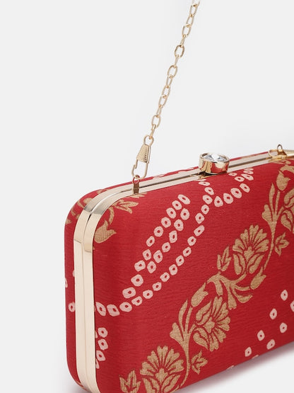 Rang Gali Red Bandhej Printed Box Clutch