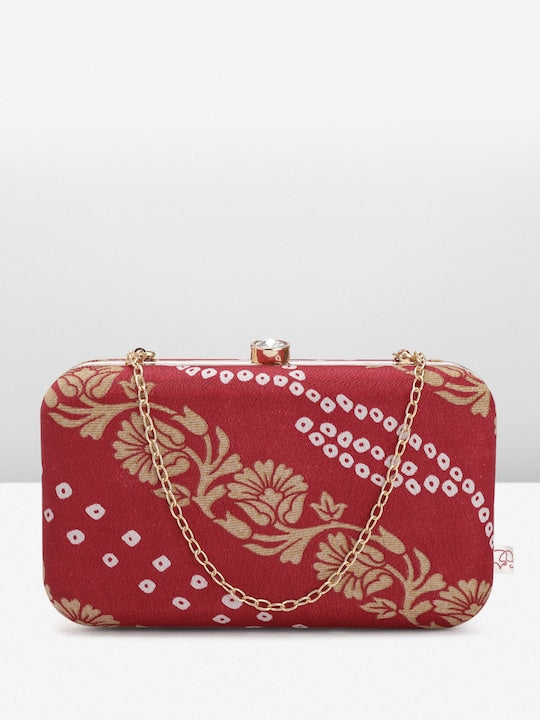 Rang Gali Maroon Bandhej Printed Box Clutch