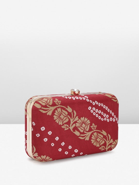 Rang Gali Maroon Bandhej Printed Box Clutch