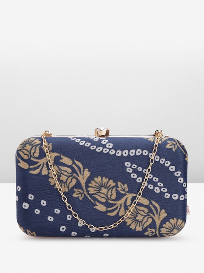 Rang Gali Navy Blue Bandhej Printed Box Clutch