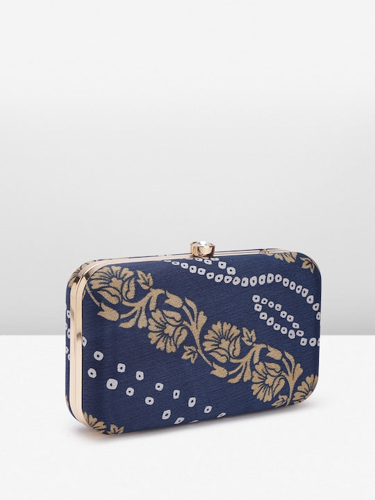 Rang Gali Navy Blue Bandhej Printed Box Clutch