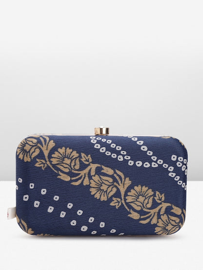 Rang Gali Navy Blue Bandhej Printed Box Clutch