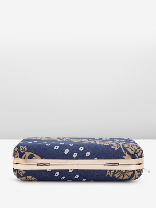 Rang Gali Navy Blue Bandhej Printed Box Clutch