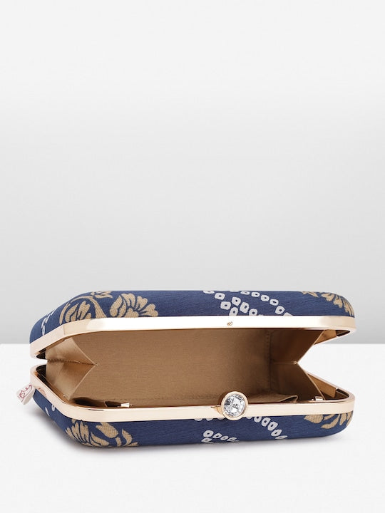 Rang Gali Navy Blue Bandhej Printed Box Clutch