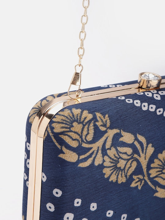 Rang Gali Navy Blue Bandhej Printed Box Clutch