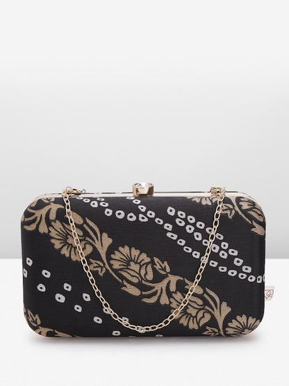 Rang Gali Black Bandhej Printed Box Clutch