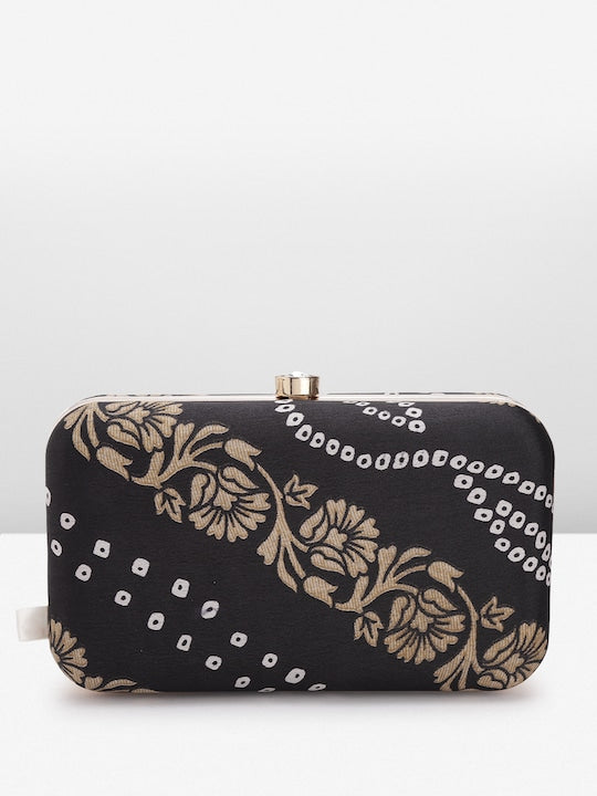 Rang Gali Black Bandhej Printed Box Clutch