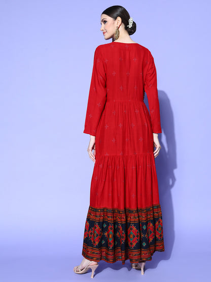 Rang Gali Handblock Red Zardozi Work Kurta With Jacket