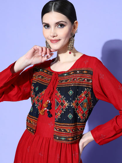 Rang Gali Handblock Red Zardozi Work Kurta With Jacket