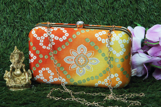 Rang Gali Orange Yellow Tone Bandhej Printed Box Clutch