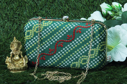 Rang Gali Green Bandhej Printed Box Clutch