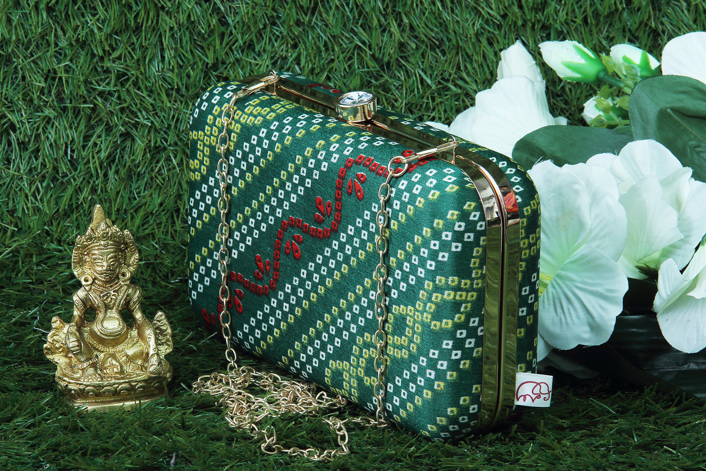 Rang Gali Green Bandhej Printed Box Clutch