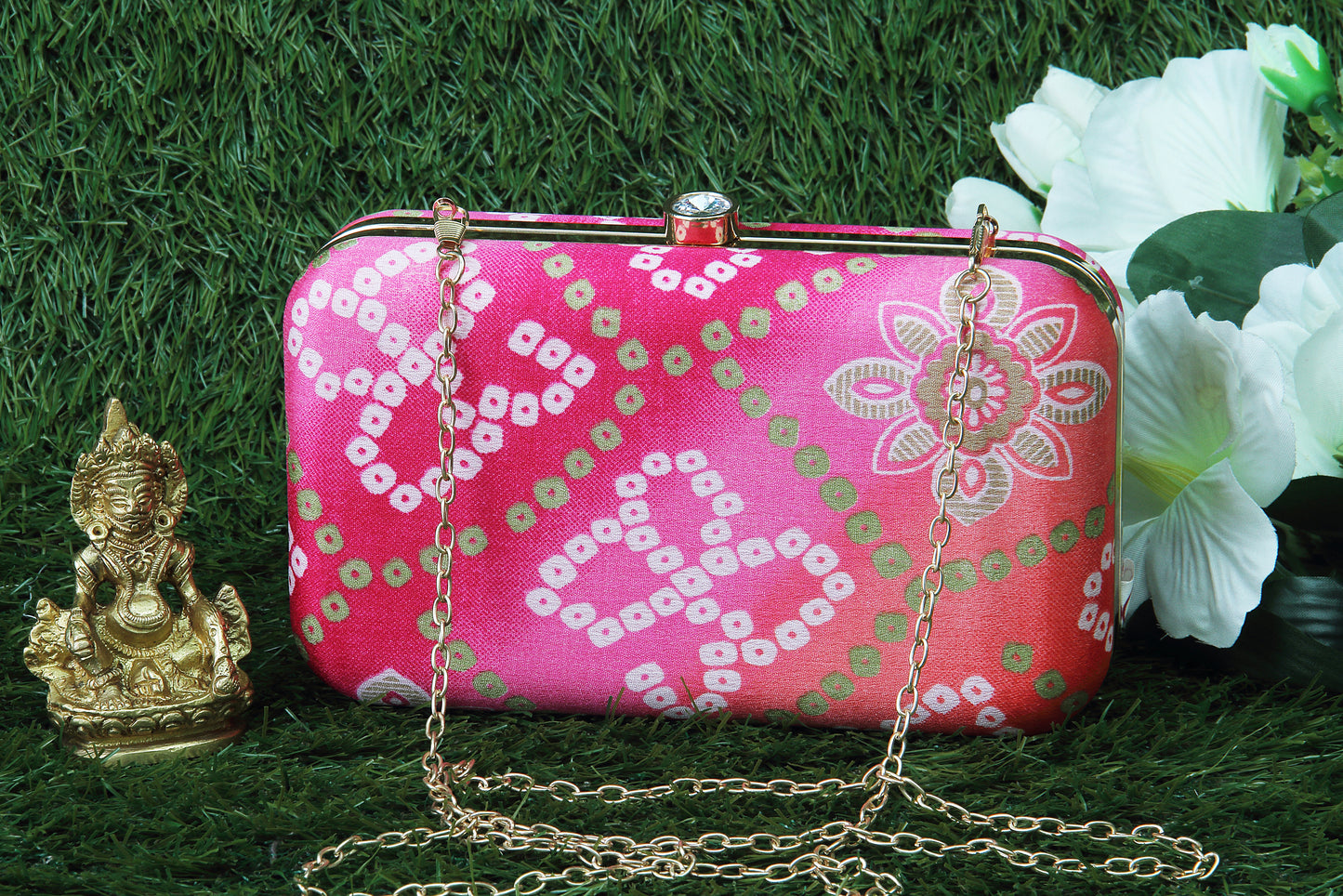 Rang Gali Pink Multi Tone Bandhej Printed Box Clutch