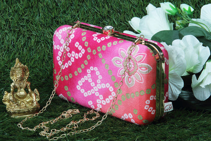 Rang Gali Pink Multi Tone Bandhej Printed Box Clutch