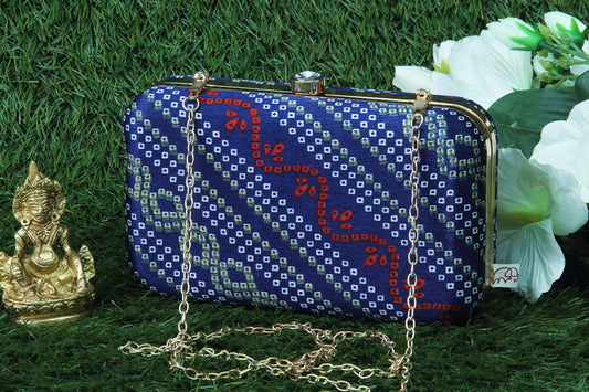 Rang Gali Navy Blue Bandhej Printed Box Clutch