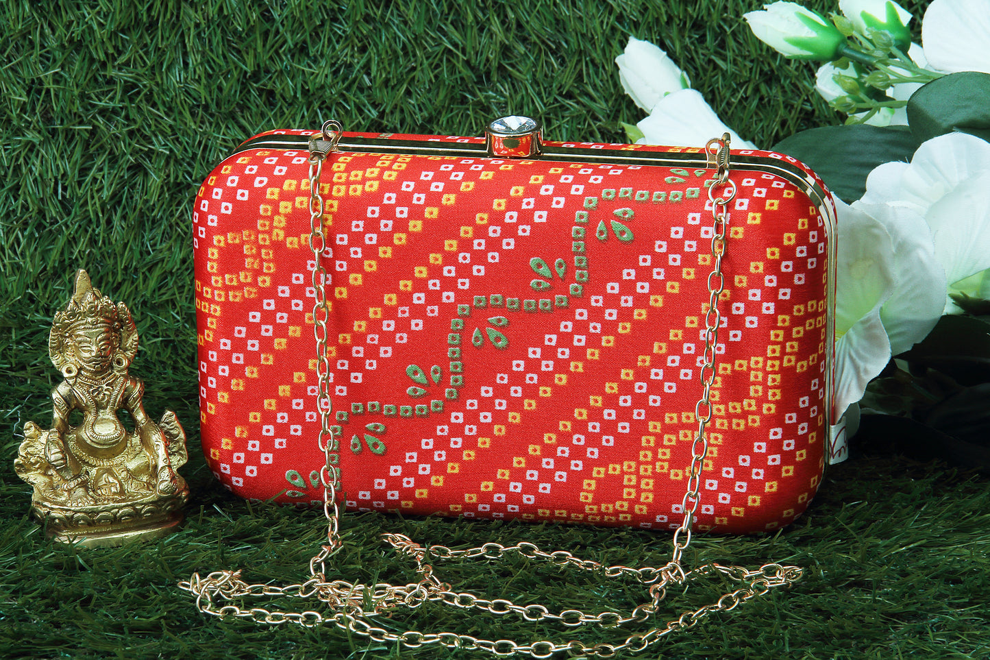 Rang Gali Red Bandhej Printed Box Clutch