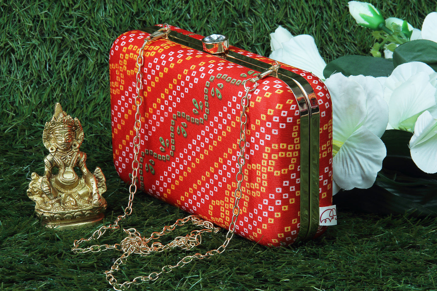 Rang Gali Red Bandhej Printed Box Clutch