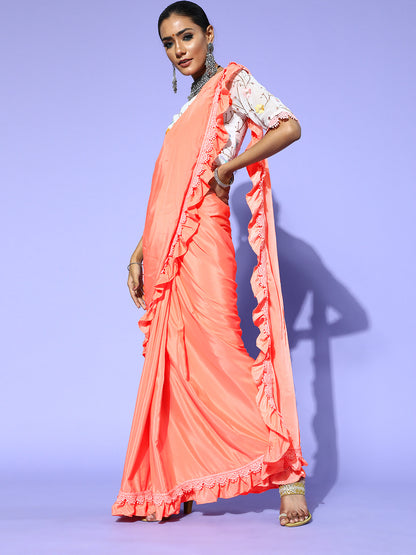 Rang Gali Peach Ruffled Ready To Wear Saree With Floral Printed Blouse