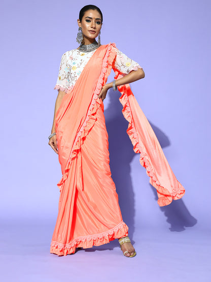 Rang Gali Peach Ruffled Ready To Wear Saree With Floral Printed Blouse