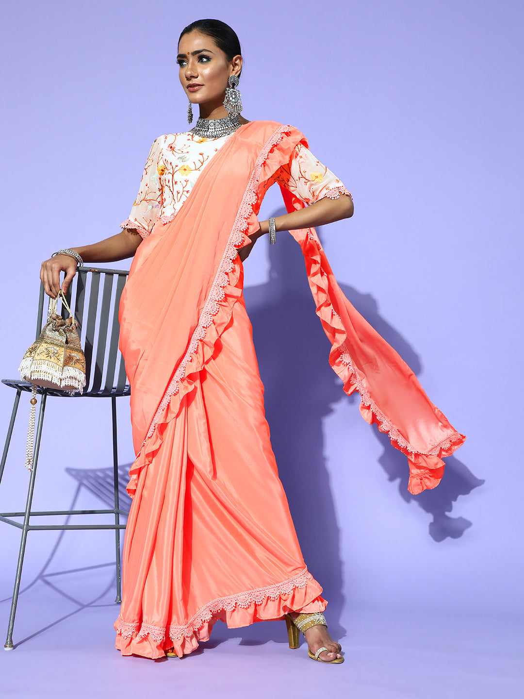 Rang Gali Peach Ruffled Ready To Wear Saree With Floral Printed Blouse