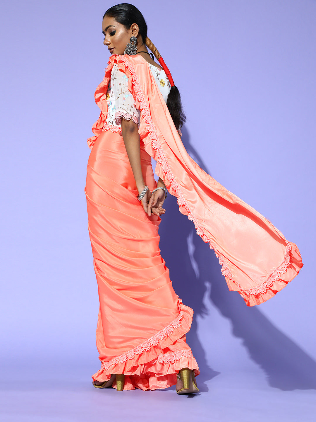 Rang Gali Peach Ruffled Ready To Wear Saree With Floral Printed Blouse