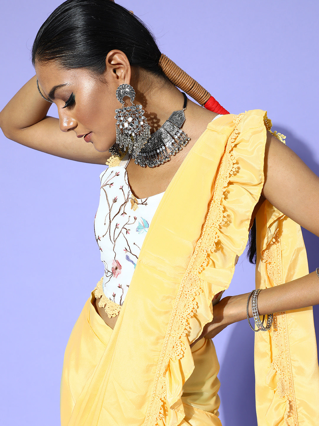 Rang Gali Yellow Ruffled Ready To Wear Saree With Floral Printed Blouse