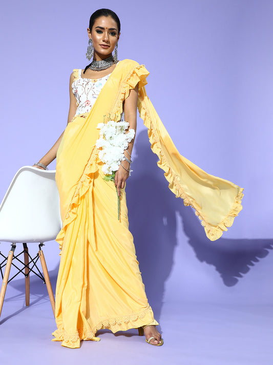 Rang Gali Yellow Ruffled Ready To Wear Saree With Floral Printed Blouse