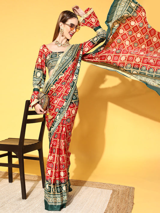 Rang Gali Red & Green Draped Ready To Wear Saree