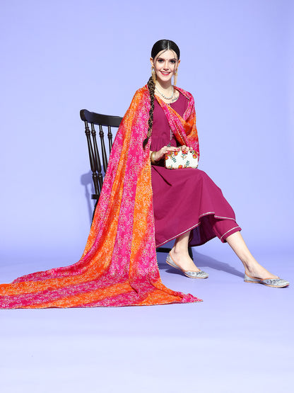 Rang Gali Magenta Orange Bandhej Silk Dupatta