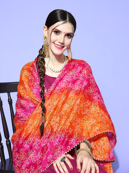 Rang Gali Magenta Orange Bandhej Silk Dupatta