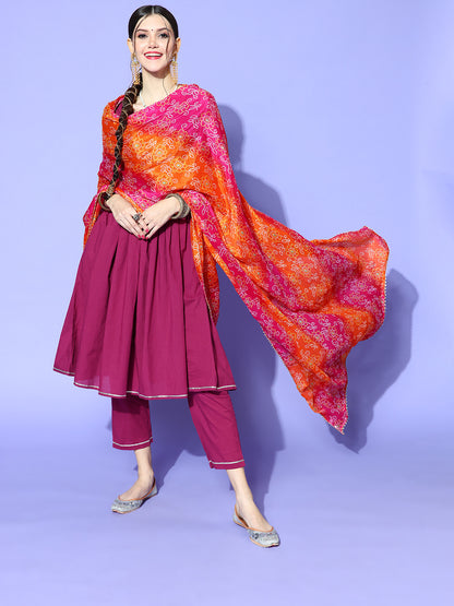 Rang Gali Magenta Orange Bandhej Silk Dupatta