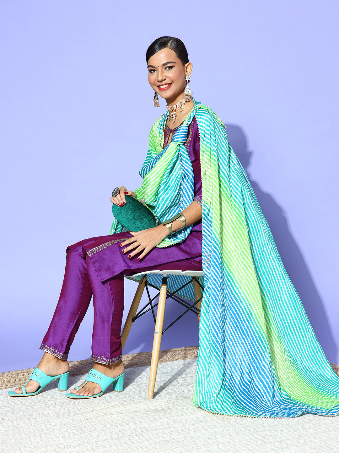 Rang Gali Sea Green Blue Bandhej Silk Dupatta