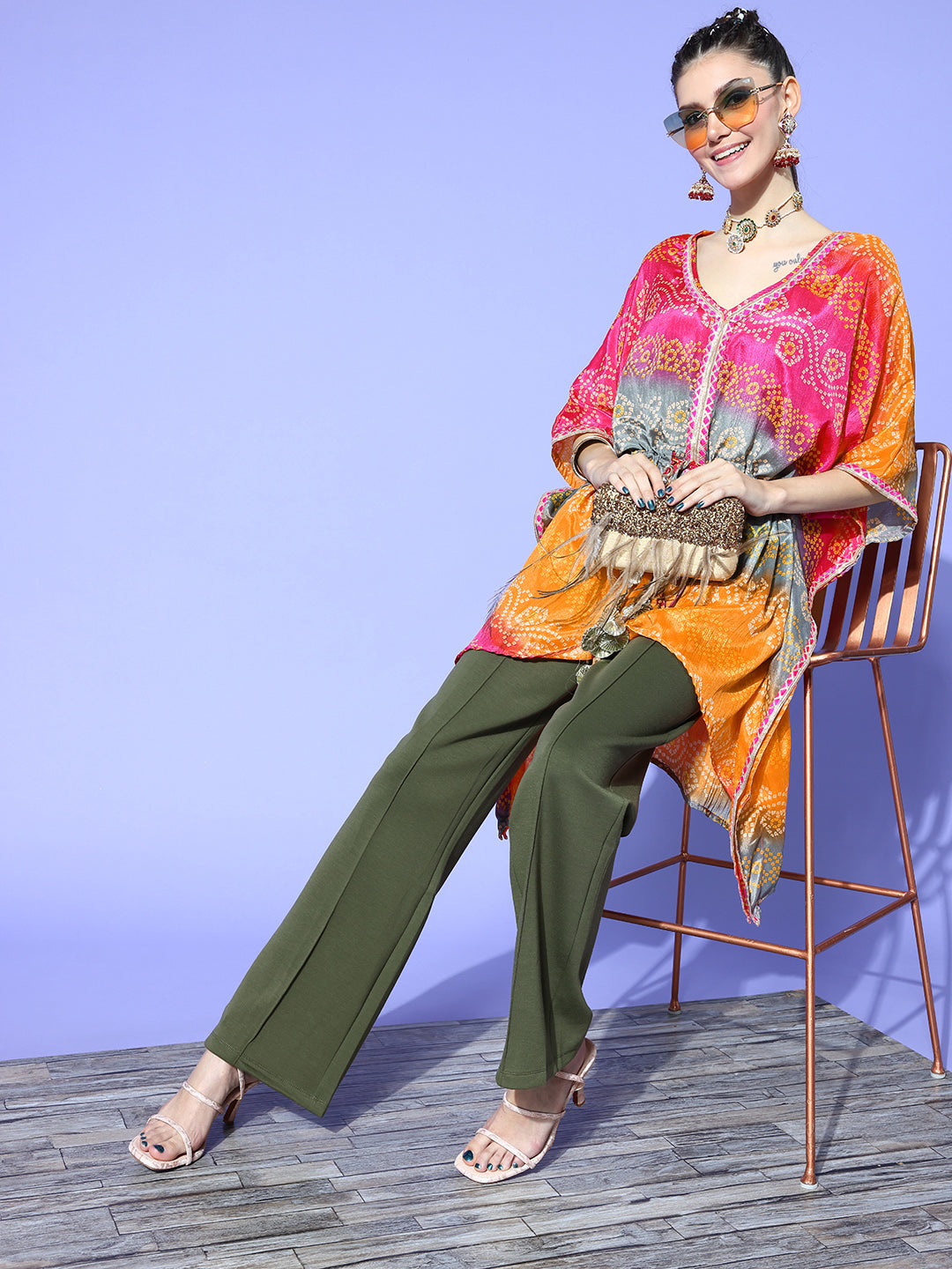 Rang Gali Orange Bandhej Silk Kaftan Kurti