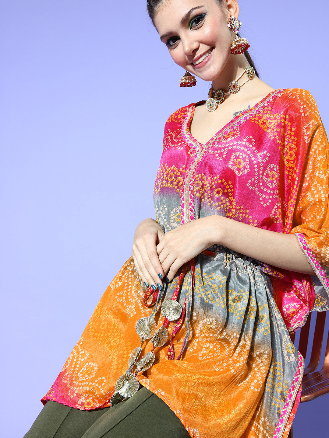 Rang Gali Orange Bandhej Silk Kaftan Kurti