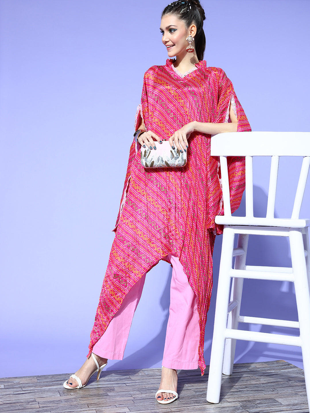 Rang Gali Bandhej Magenta Silk Kaftan Kurti