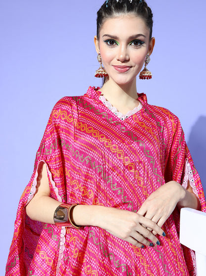 Rang Gali Bandhej Magenta Silk Kaftan Kurti