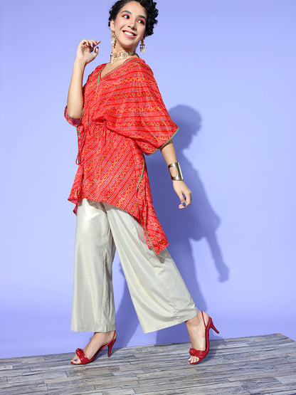 Rang Gali Bandhej Red Silk Kaftan Kurti